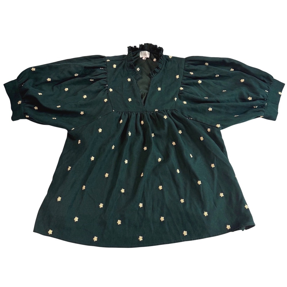 Entro Puffed Sleeve Babydoll Tunic Dress Green Gold Floral Embroidered Womens XL